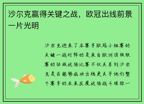 沙尔克赢得关键之战，欧冠出线前景一片光明