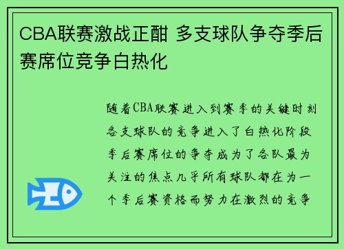 CBA联赛激战正酣 多支球队争夺季后赛席位竞争白热化
